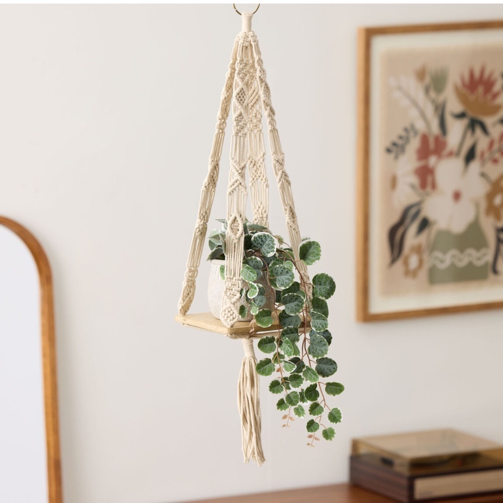Worlds Market Natural Macrame Plant Hanger with wood shelf set of 2 33 inches‎